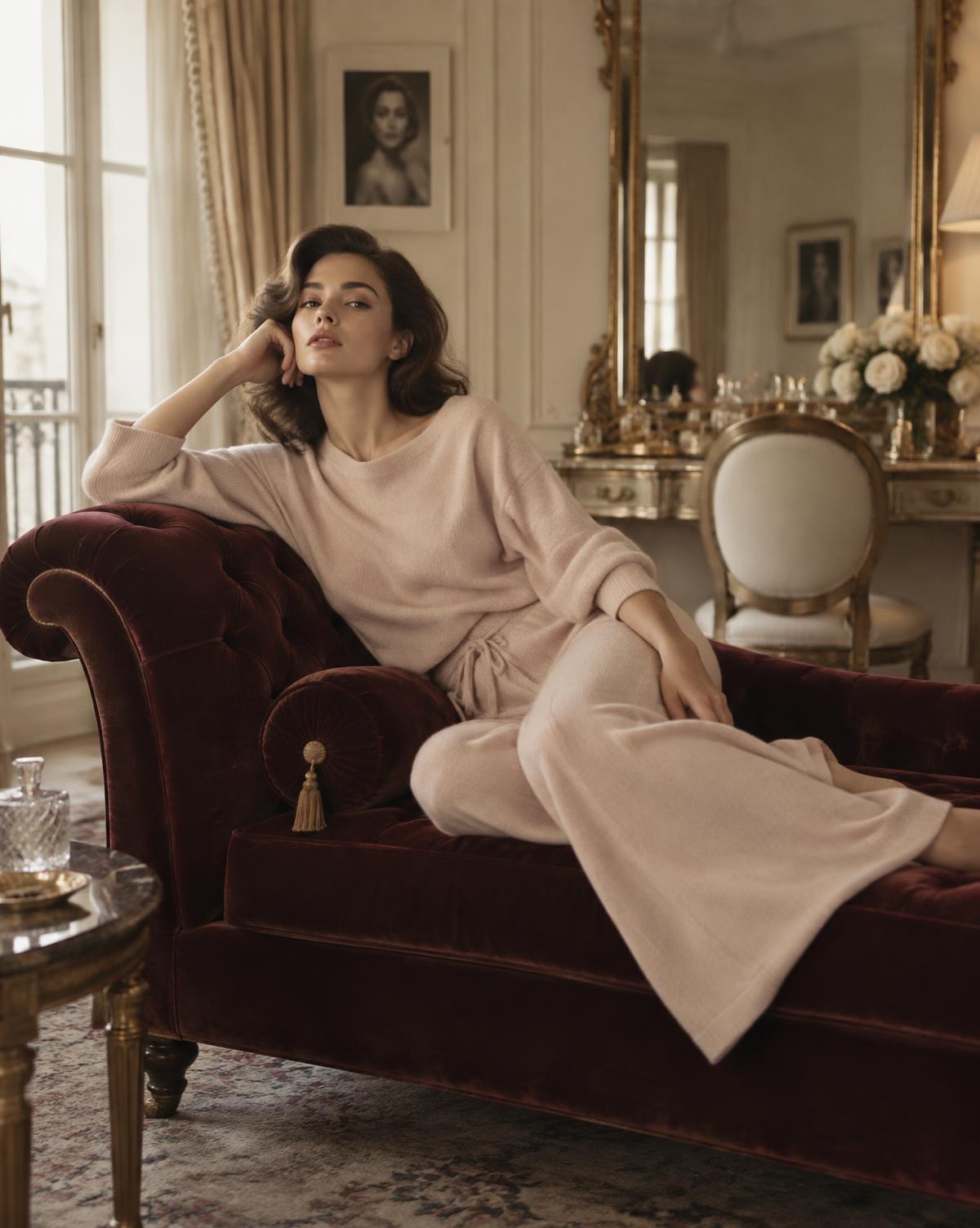 Woman in blush Plush Beauty & Co. loungewear